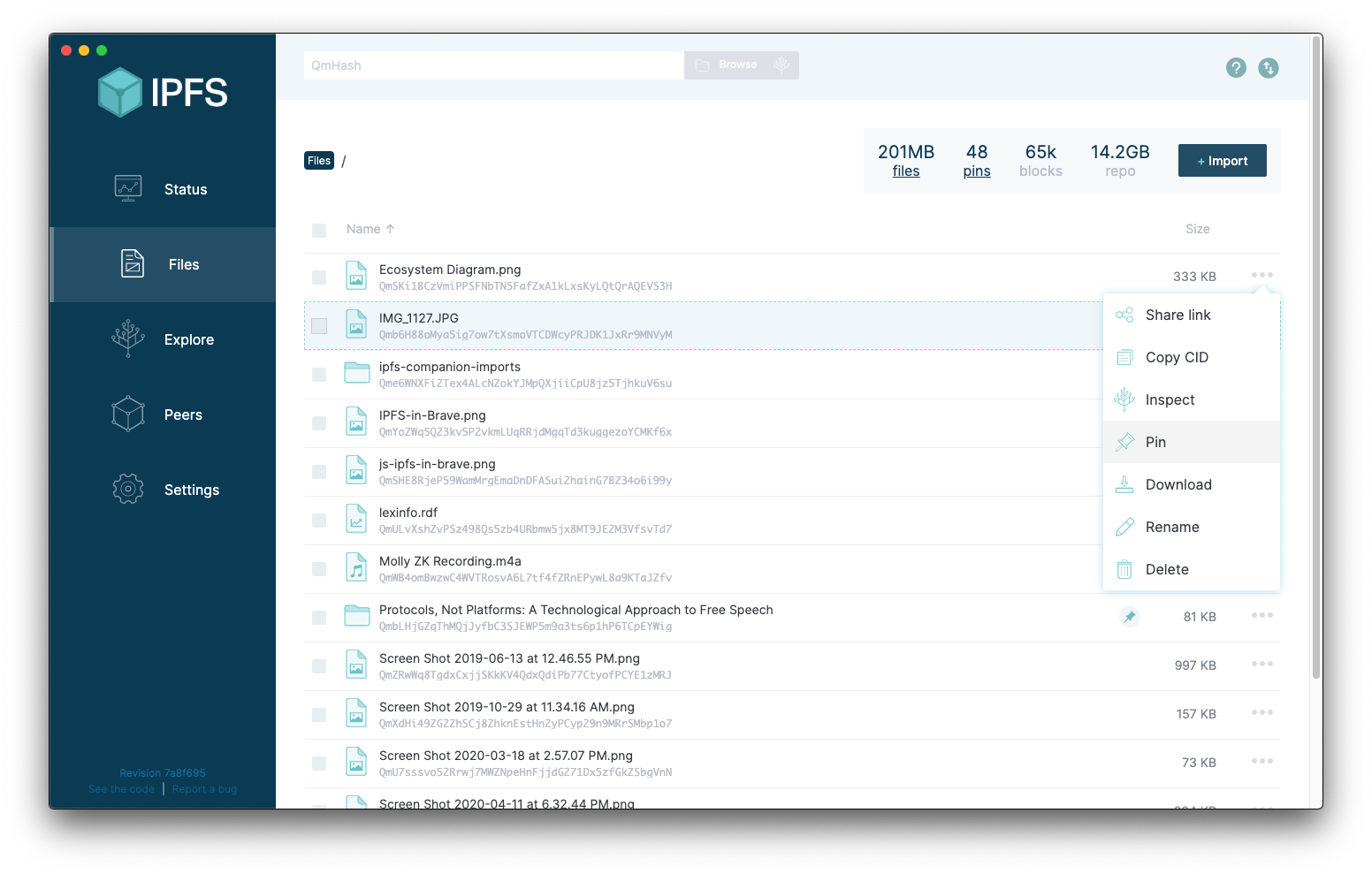 IPFS Desktop application showing the pinning option.